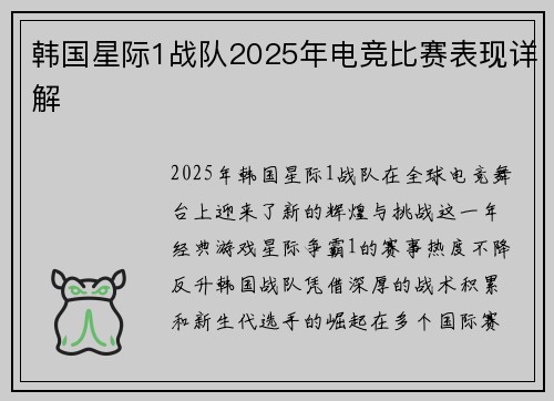 韩国星际1战队2025年电竞比赛表现详解